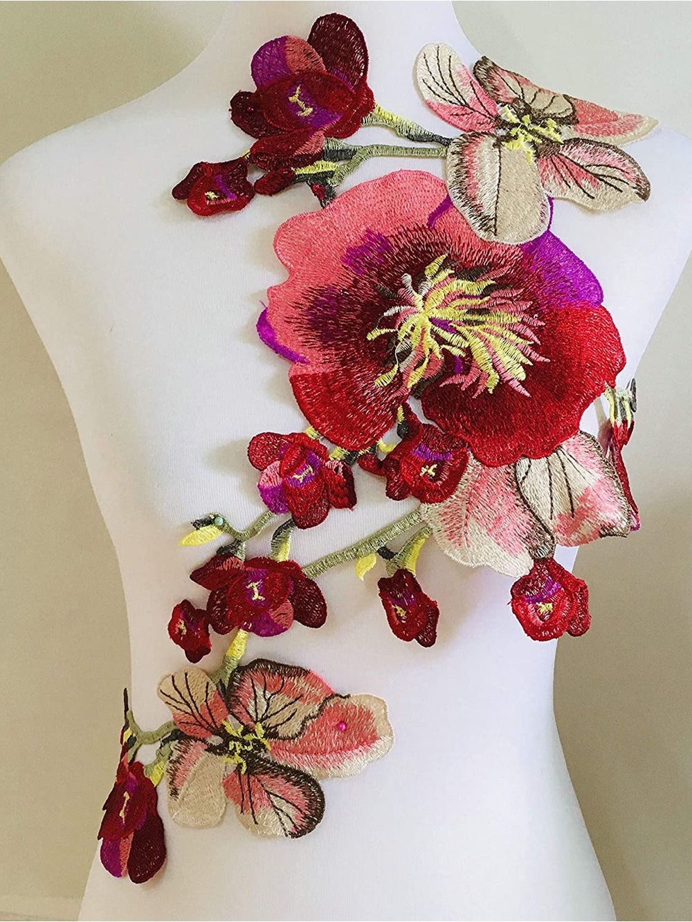 Floral Appliqué Patch - Vibrant Red and Pink Embroidered Flower Accent